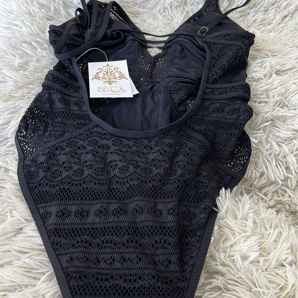 BECCA Color Play One Piece Swimsuit, Plunge Neck, Crochet, Bathing Suits black - Picture 8 of 10